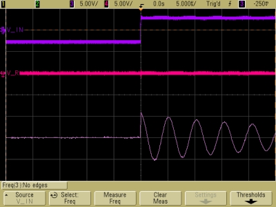 Decaying oscillations in underdamped LRC circuit, V_R, V_L, expanded